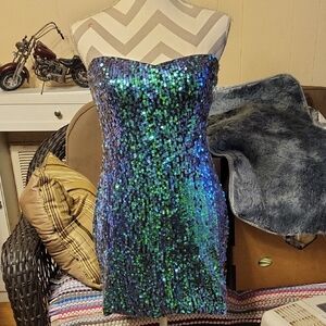 As U Wish Blue Green Sequin Embellished Mini Dress